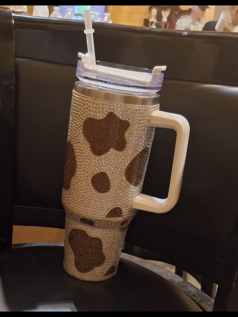 Insulated Cow Print Crystal Tumbler with Handle - Brown